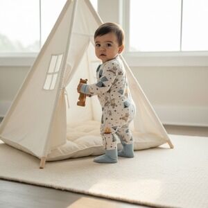 NWT Camping Bears Bamboo Viscose Footed Sleeper Two Way Zip Pajamas Blue Bamboo